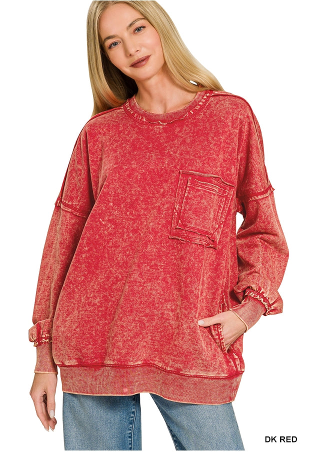 Dark Red Terry Acid Wash Raw Edge Front Pocket Pullover