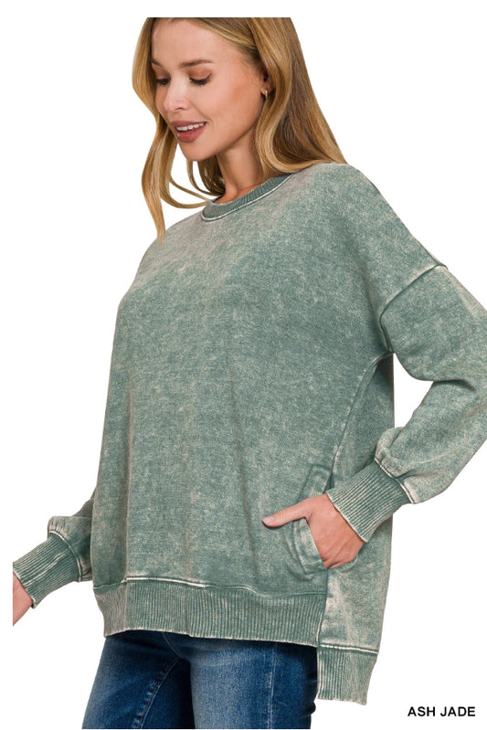 Ash Jade Acid Wash Fleece Hi Low Hem Pullover Sweatshirt