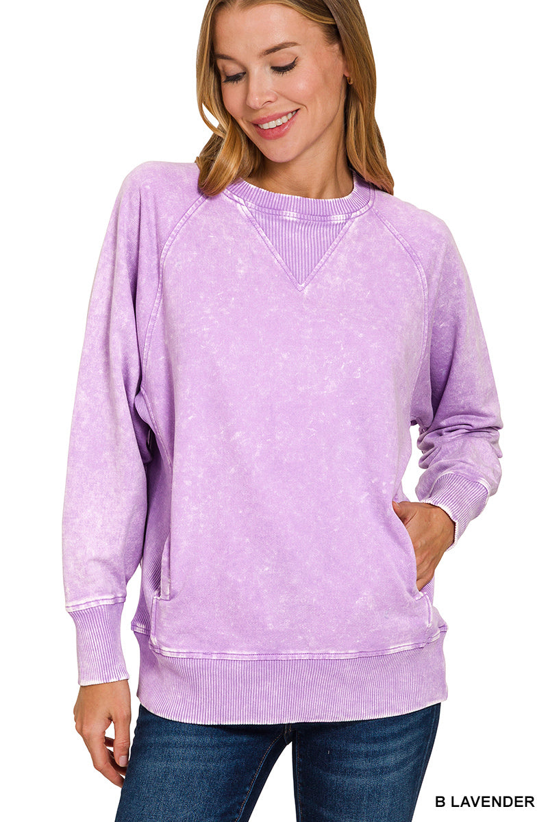 Lavender Acid Washed French Terry Pullover with Pockets