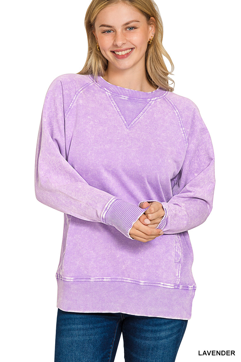 Lavender Acid Washed French Terry Pullover with Pockets