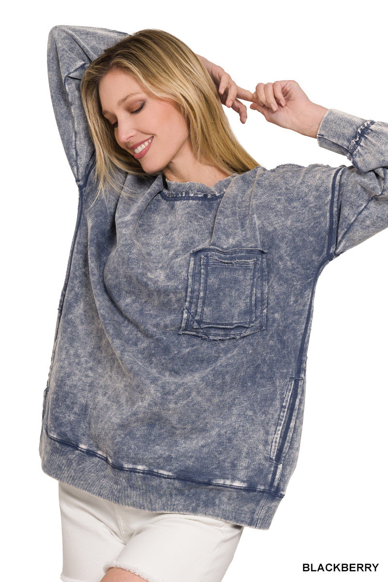 Blackberry Terry Acid Wash Raw Edge Front Pocket Pullover