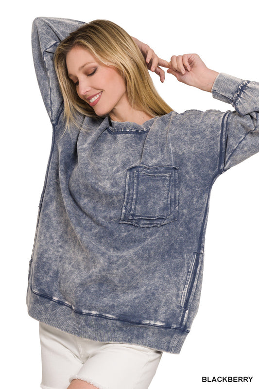 Blackberry Terry Acid Wash Raw Edge Front Pocket Pullover
