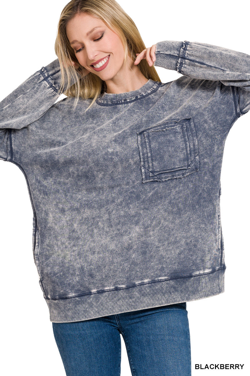 Blackberry Terry Acid Wash Raw Edge Front Pocket Pullover