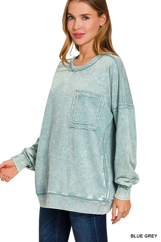 Blue Grey Distressed Pocket Sweatshirt