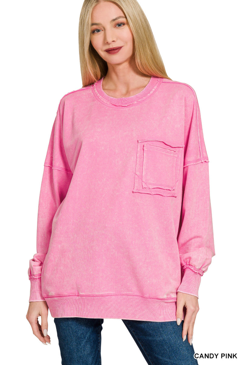 Candy Pink Acid Wash Raw Edge Front Pocket Pullover