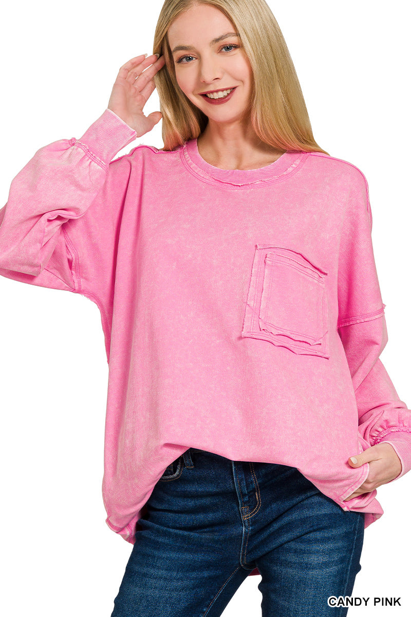Candy Pink Acid Wash Raw Edge Front Pocket Pullover