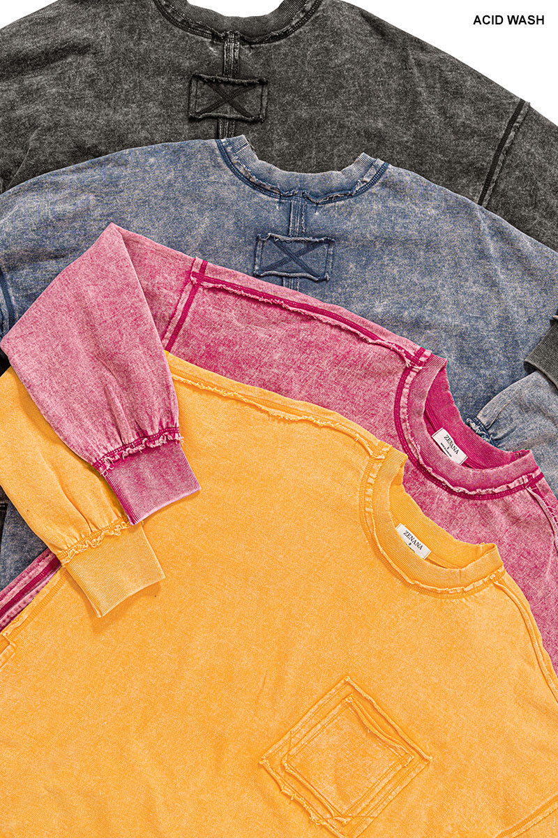 Blackberry Terry Acid Wash Raw Edge Front Pocket Pullover