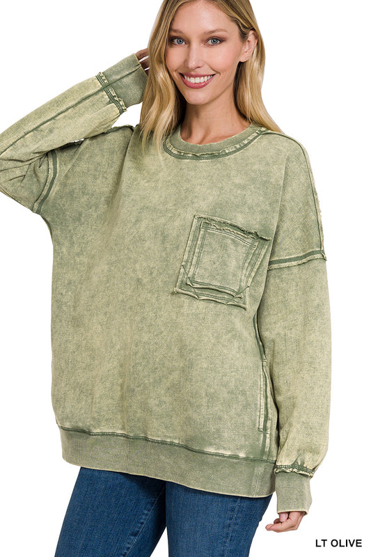 Light Olive Terry Acid Wash Raw Edge Front Pocket Pullover