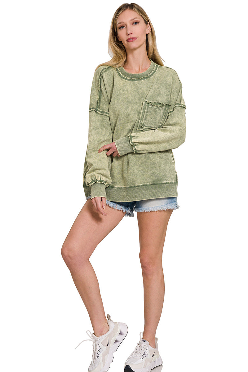 Light Olive Terry Acid Wash Raw Edge Front Pocket Pullover