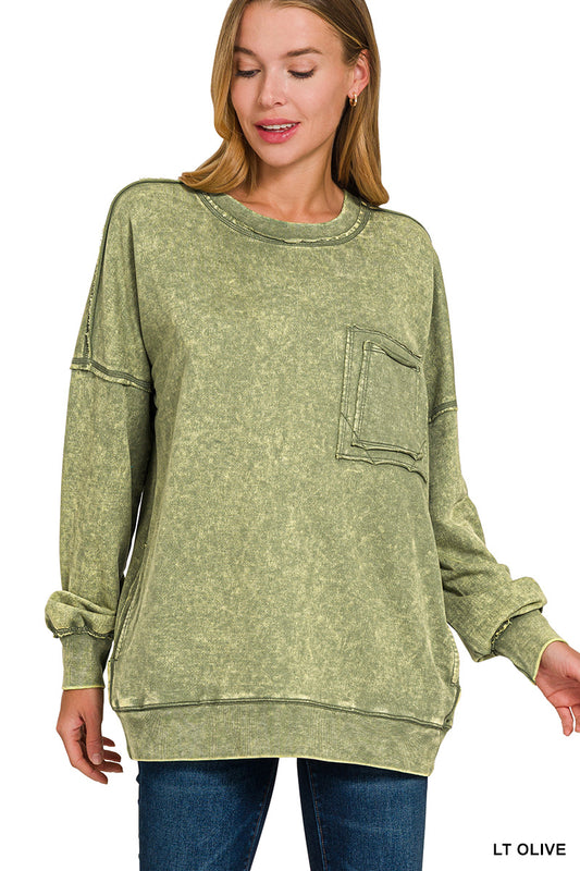 Light Olive Distressed Pocket Sweatshirt