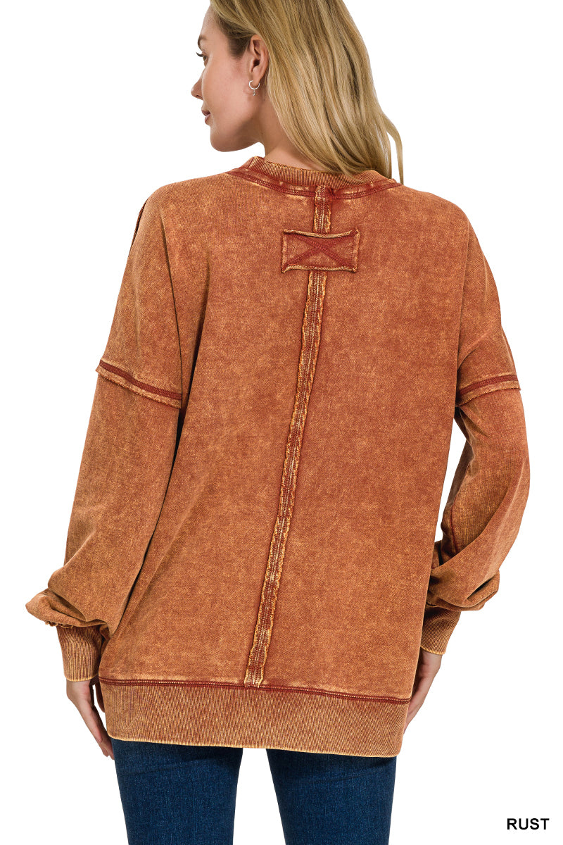 Rust Terry Acid Wash Raw Edge Front Pocket Pullover