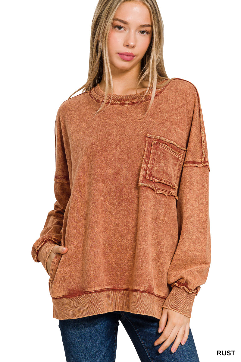 Rust Terry Acid Wash Raw Edge Front Pocket Pullover