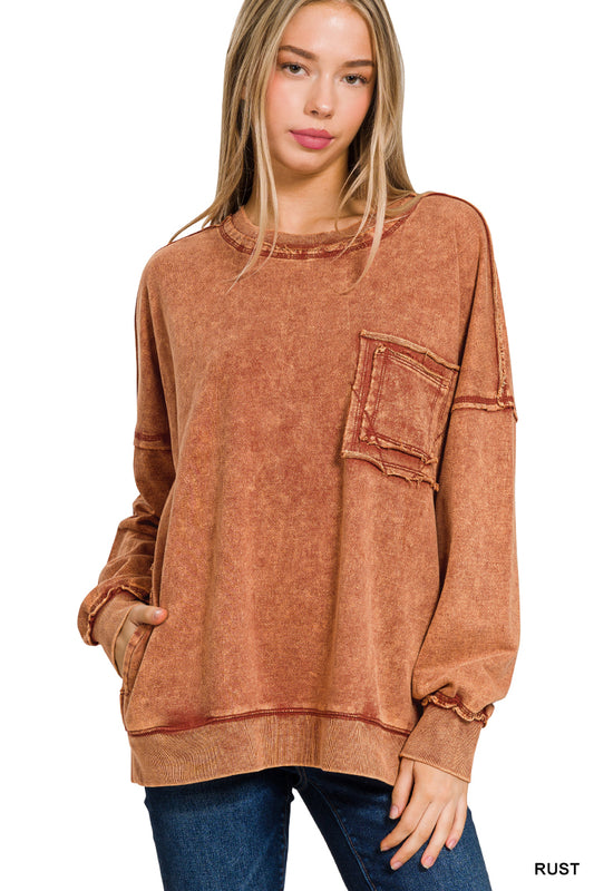 Rust Terry Acid Wash Raw Edge Front Pocket Pullover