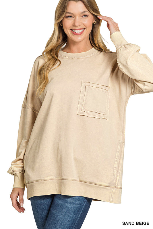 Sand Beige Distressed Pocket Sweatshirt