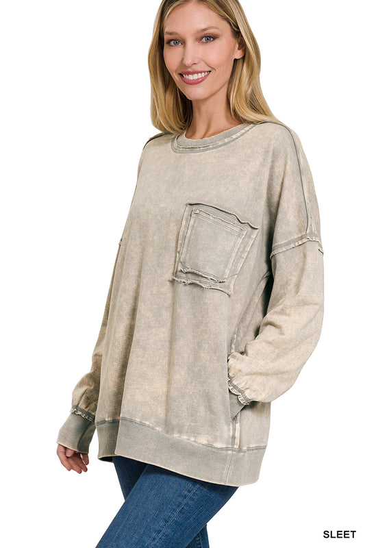 Sleet Gray Terry Acid Wash Raw Edge Front Pocket Pullover