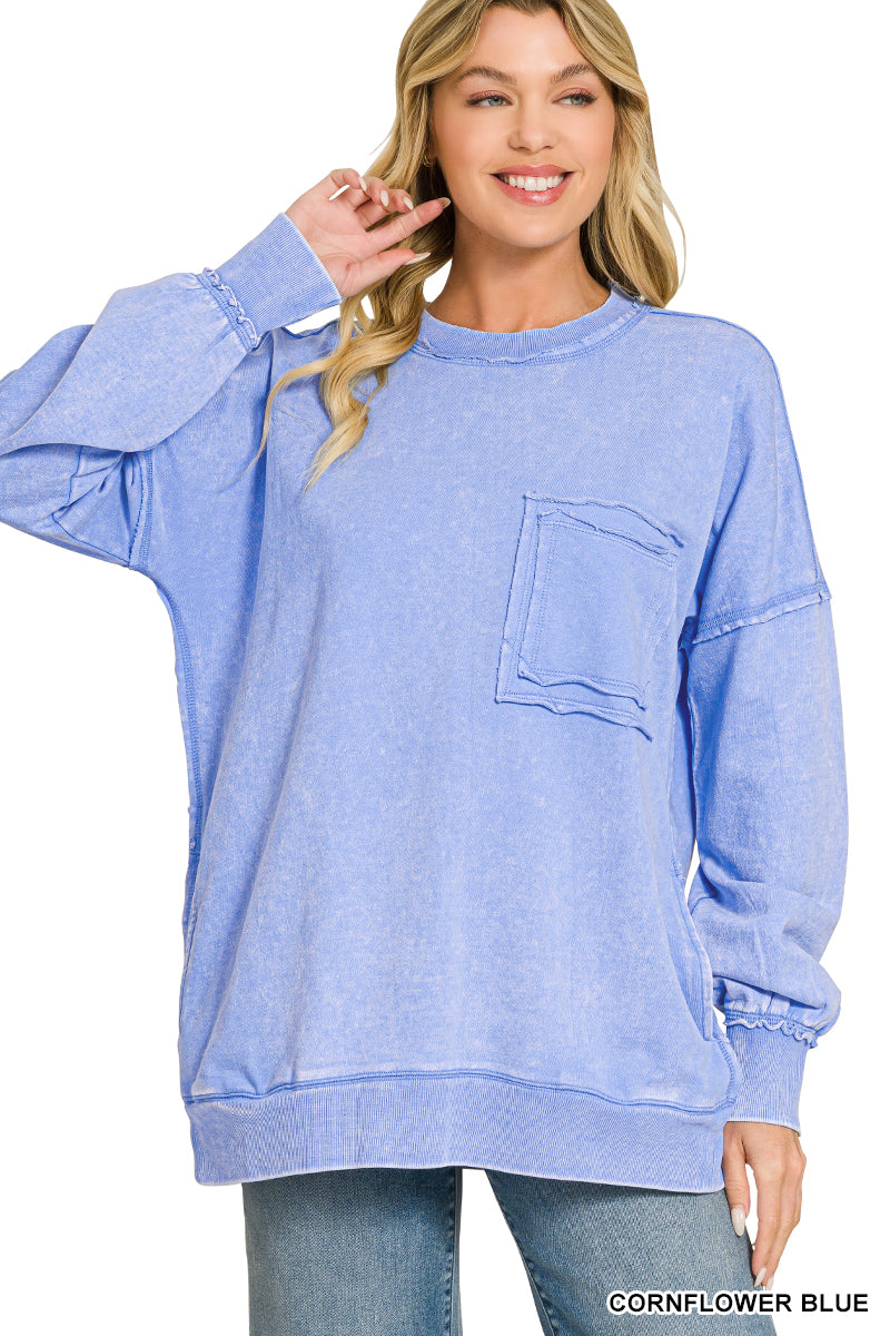 Cornflower Blue Terry Acid Wash Raw Edge Front Pocket Pullover