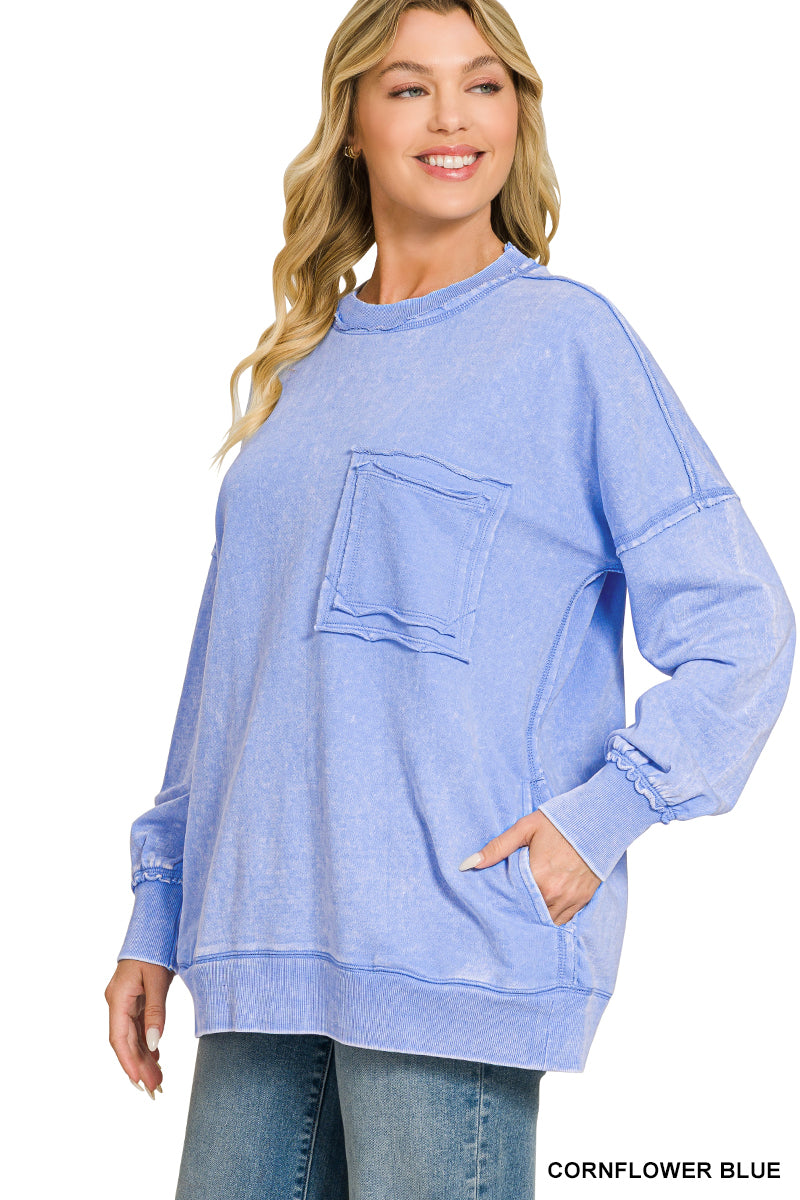 Cornflower Blue Terry Acid Wash Raw Edge Front Pocket Pullover