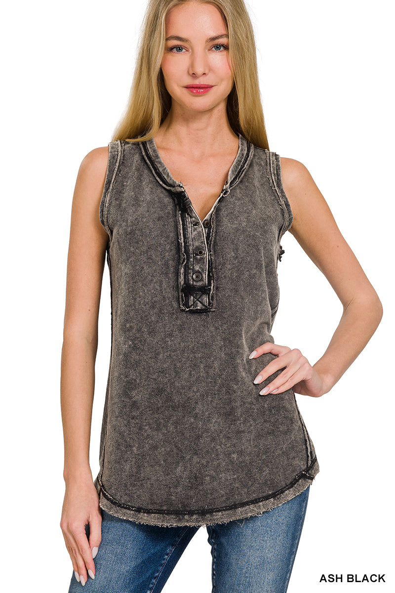 Sale - Washed Half Button Raw Edge Tank Top - Ash Black