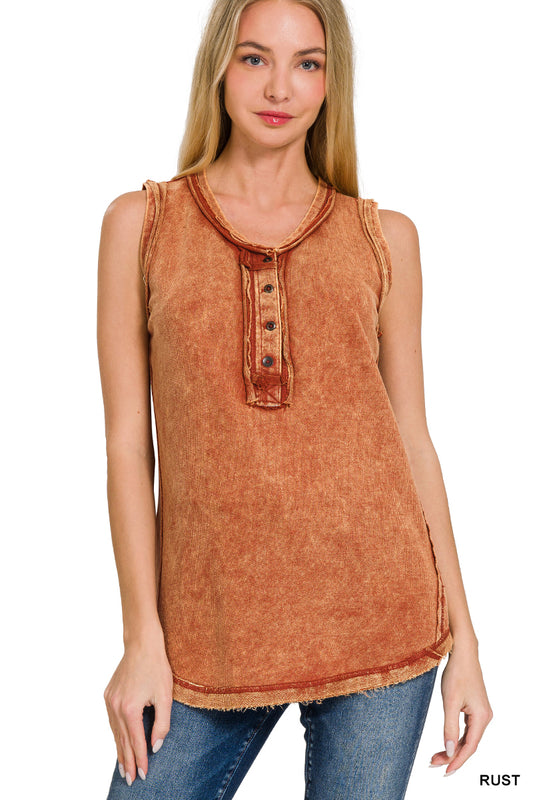 Rust Washed Half-Button Henley Tank Top