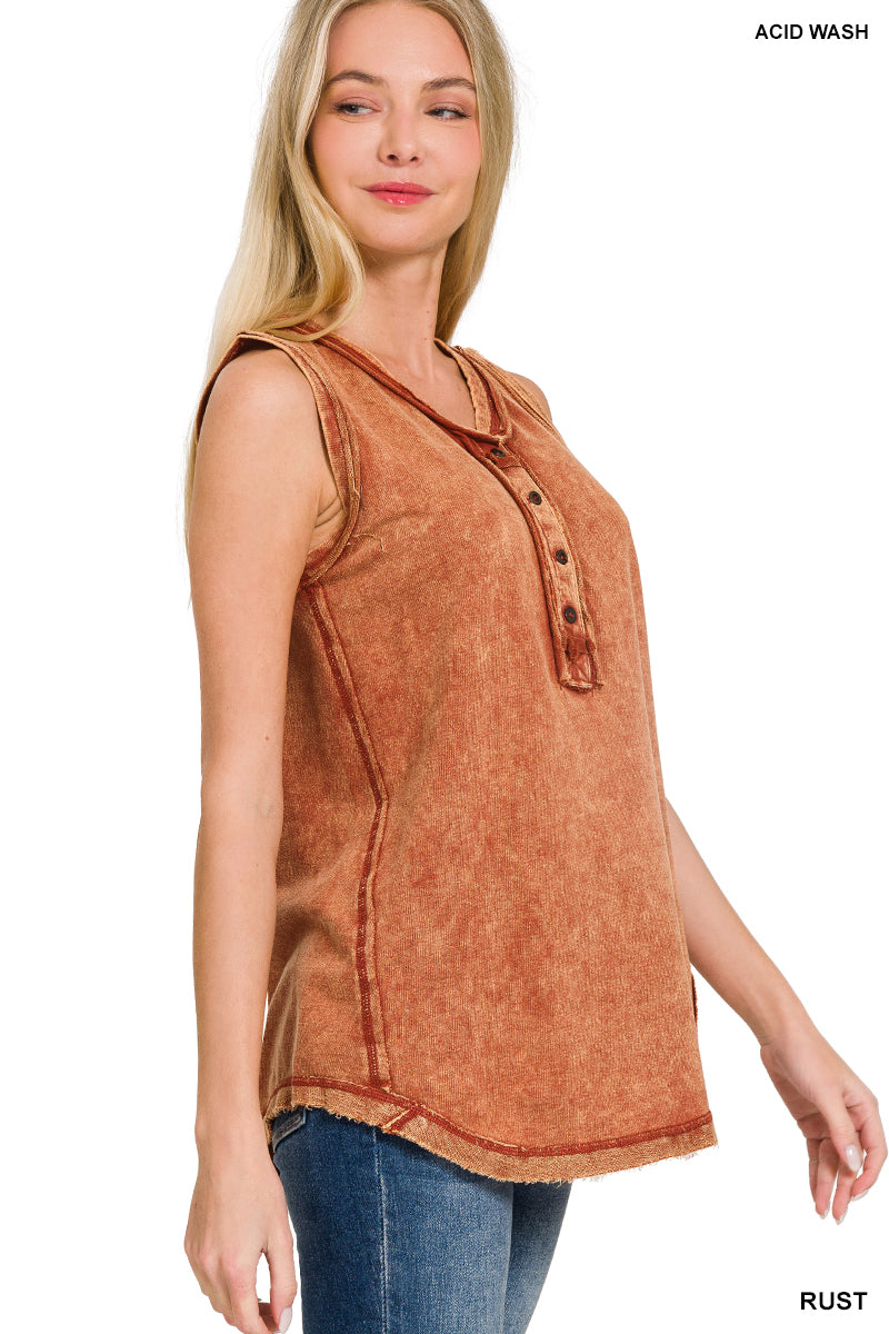 Rust Washed Half-Button Henley Tank Top