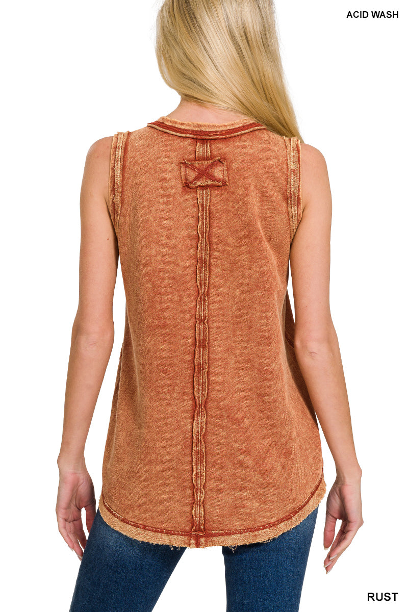 Rust Washed Half-Button Henley Tank Top
