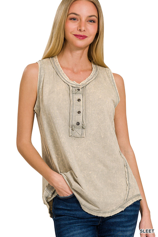 Sleet Washed Half-Button Henley Tank Top