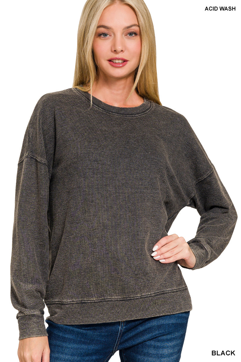 True Black Crew Washed Round Neck Pullover Sweatshirt