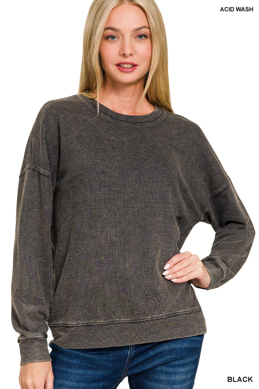 True Black Crew Washed Round Neck Pullover Sweatshirt