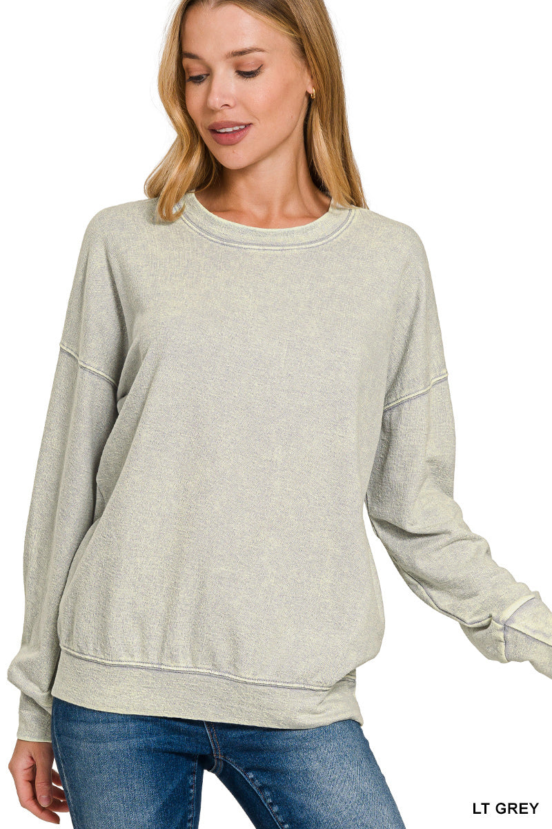 Light Gray Crew Washed Round Neck Pullover Sweatshirt