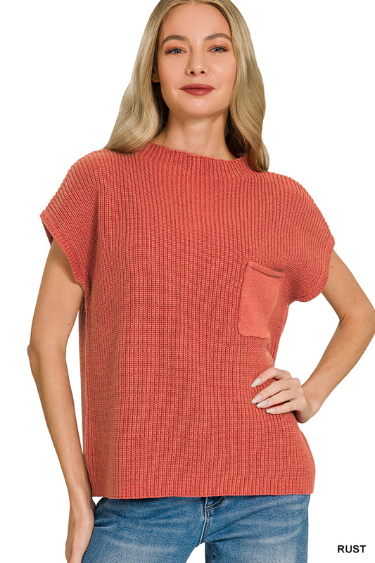 Rust Mock Neck Short Sleeve Sweater