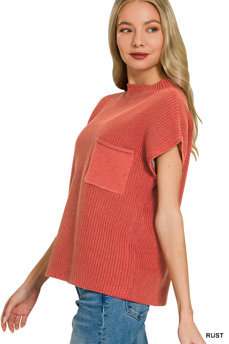 Rust Mock Neck Short Sleeve Sweater