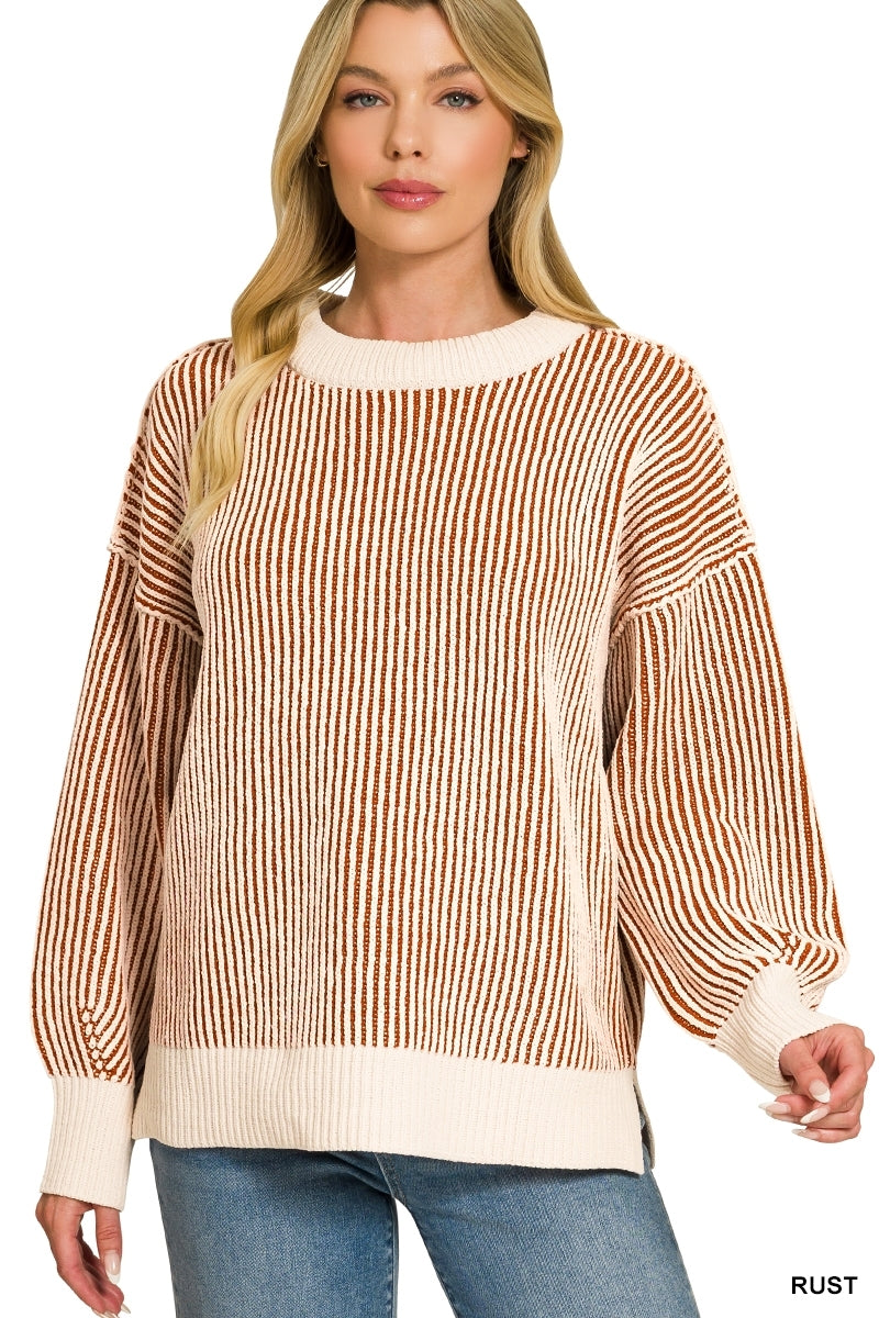 Rust Two Tone Crew Neck Sweater