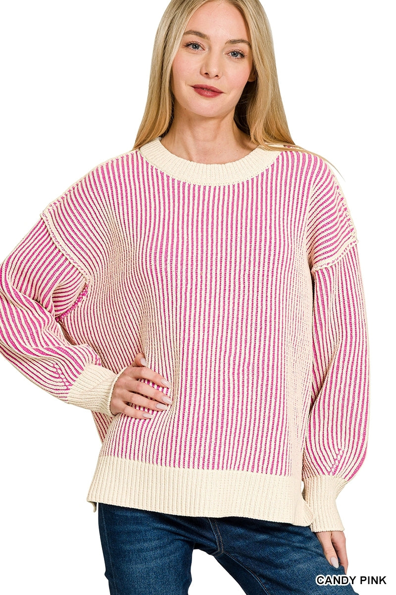 Candy Pink Two Tone Crew Neck Sweater