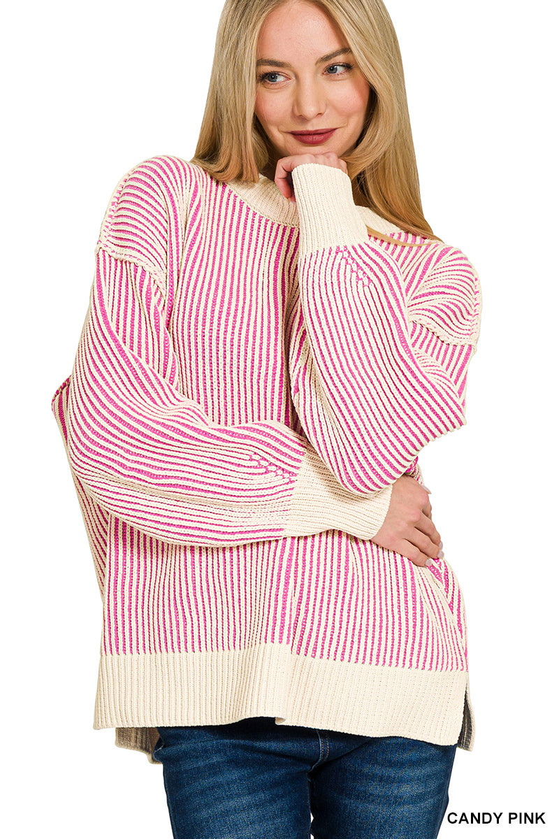Candy Pink Two Tone Crew Neck Sweater