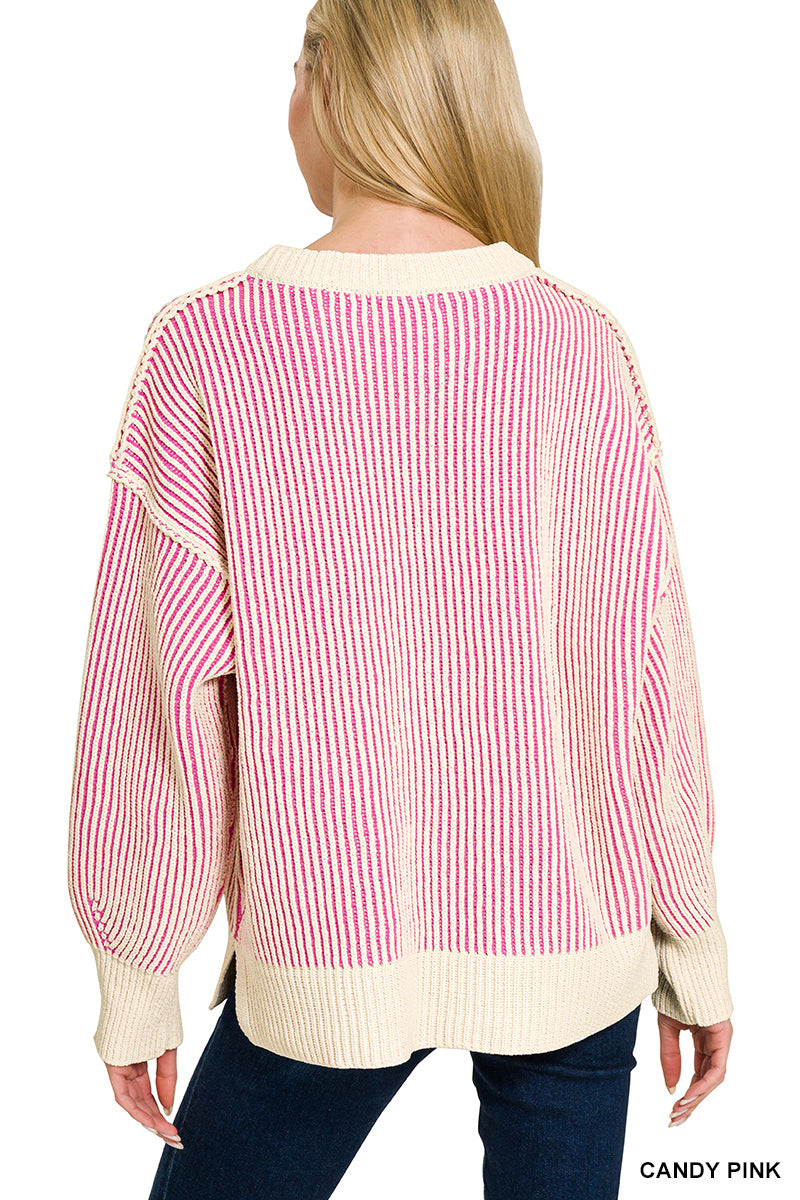 Candy Pink Two Tone Crew Neck Sweater