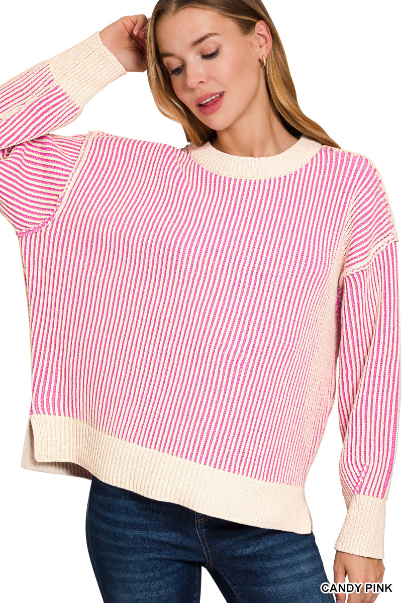 Candy Pink Two Tone Crew Neck Sweater