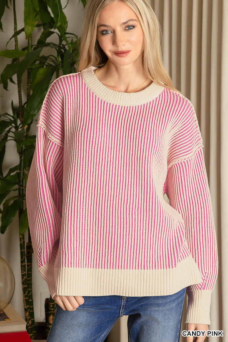 Candy Pink Two Tone Crew Neck Sweater
