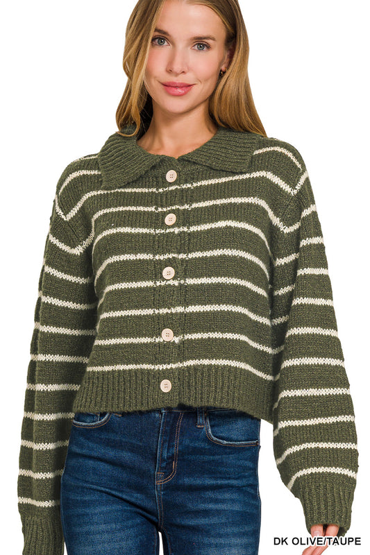 Olive and Taupe Striped Collared 5 Button Cardigan