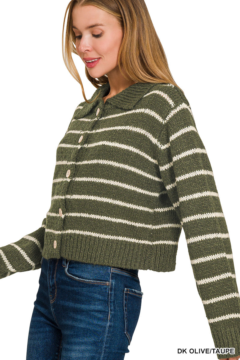 Olive and Taupe Striped Collared 5 Button Cardigan