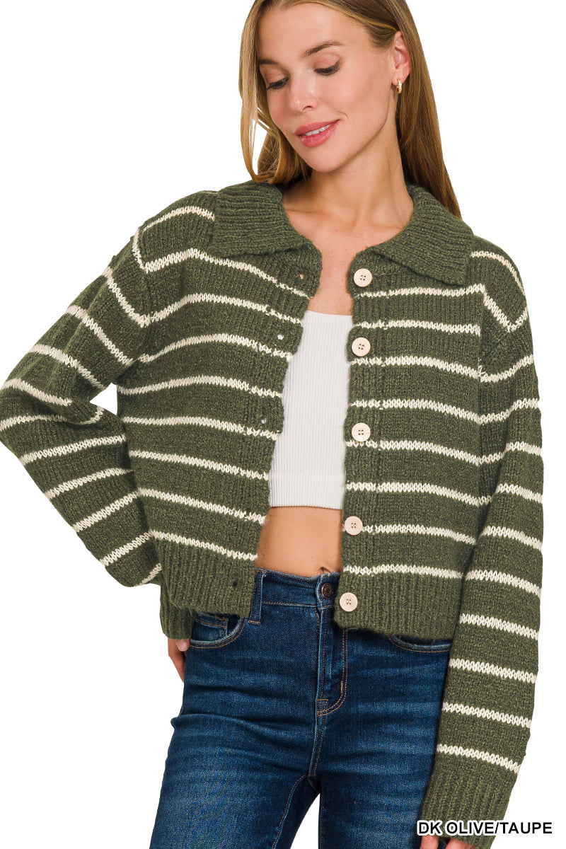 Olive and Taupe Striped Collared 5 Button Cardigan