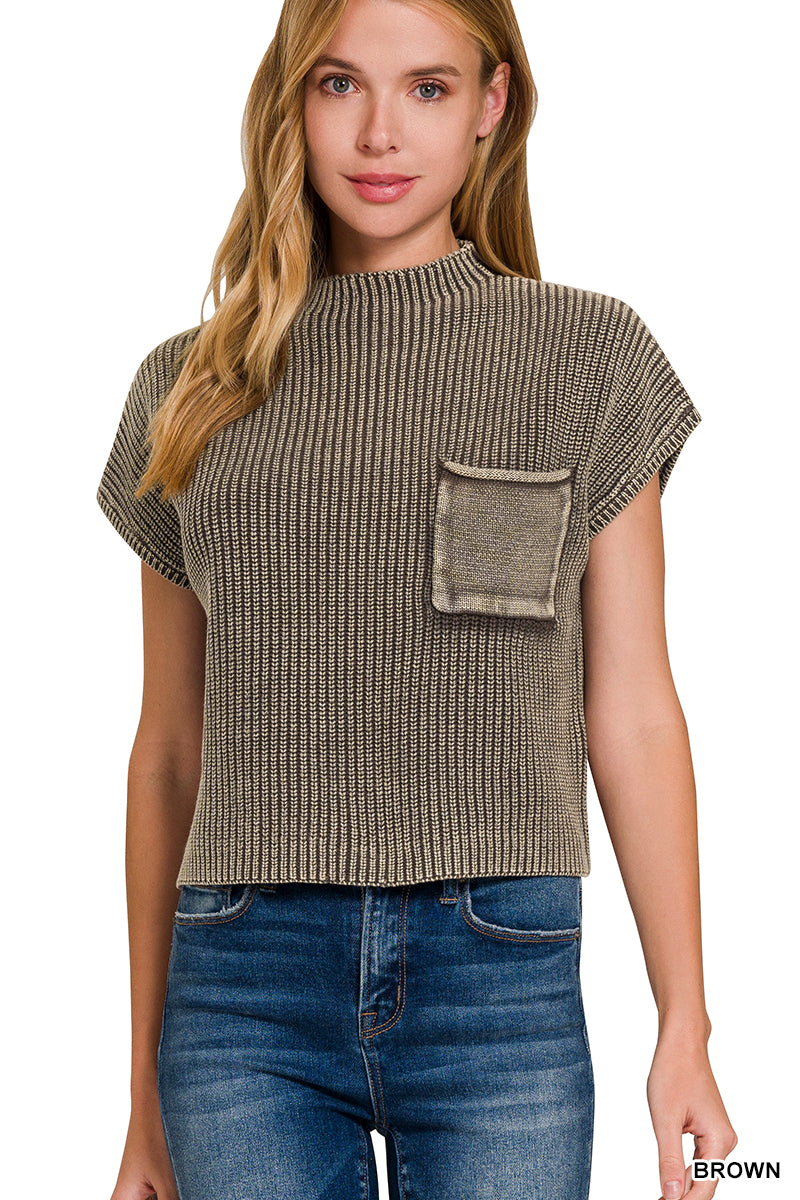 Brown Washed Mock Neck Short Sleeve Cropped Sweater