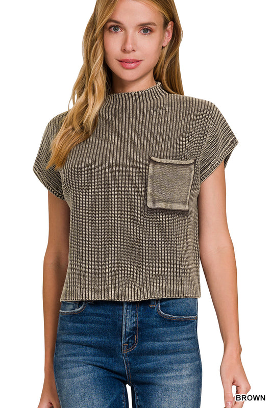 Brown Washed Mock Neck Short Sleeve Cropped Sweater