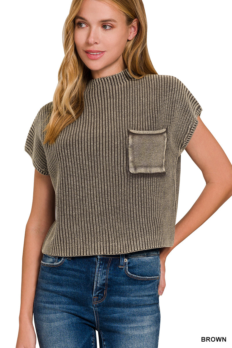 Brown Washed Mock Neck Short Sleeve Cropped Sweater