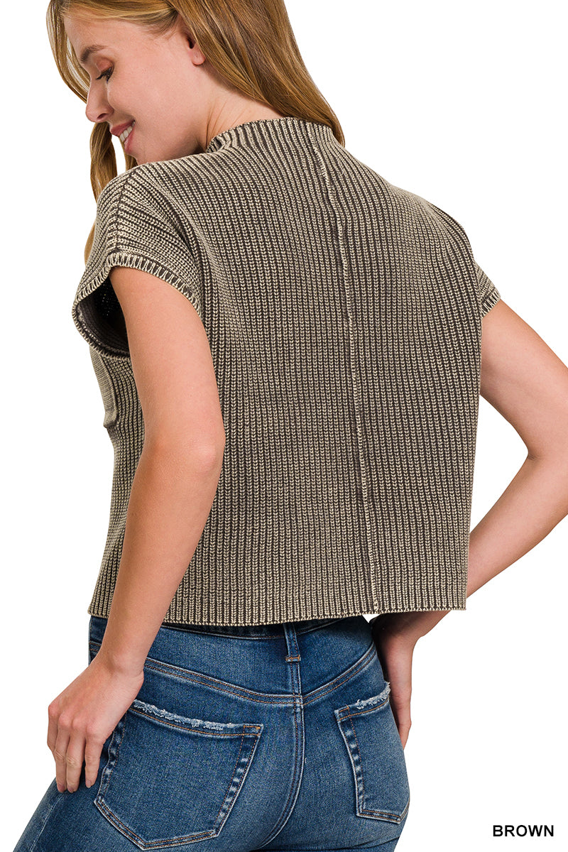 Brown Washed Mock Neck Short Sleeve Cropped Sweater