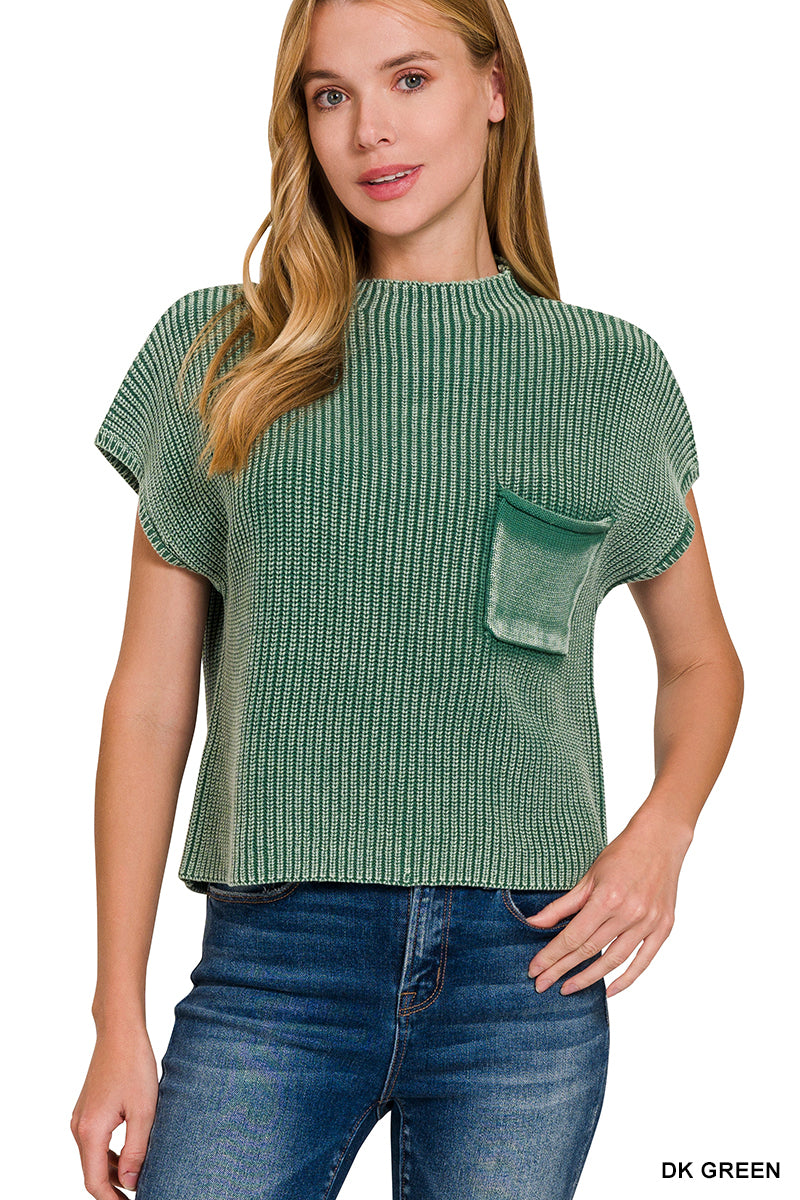 Dark Green Washed Mock Neck Short Sleeve Cropped Sweater