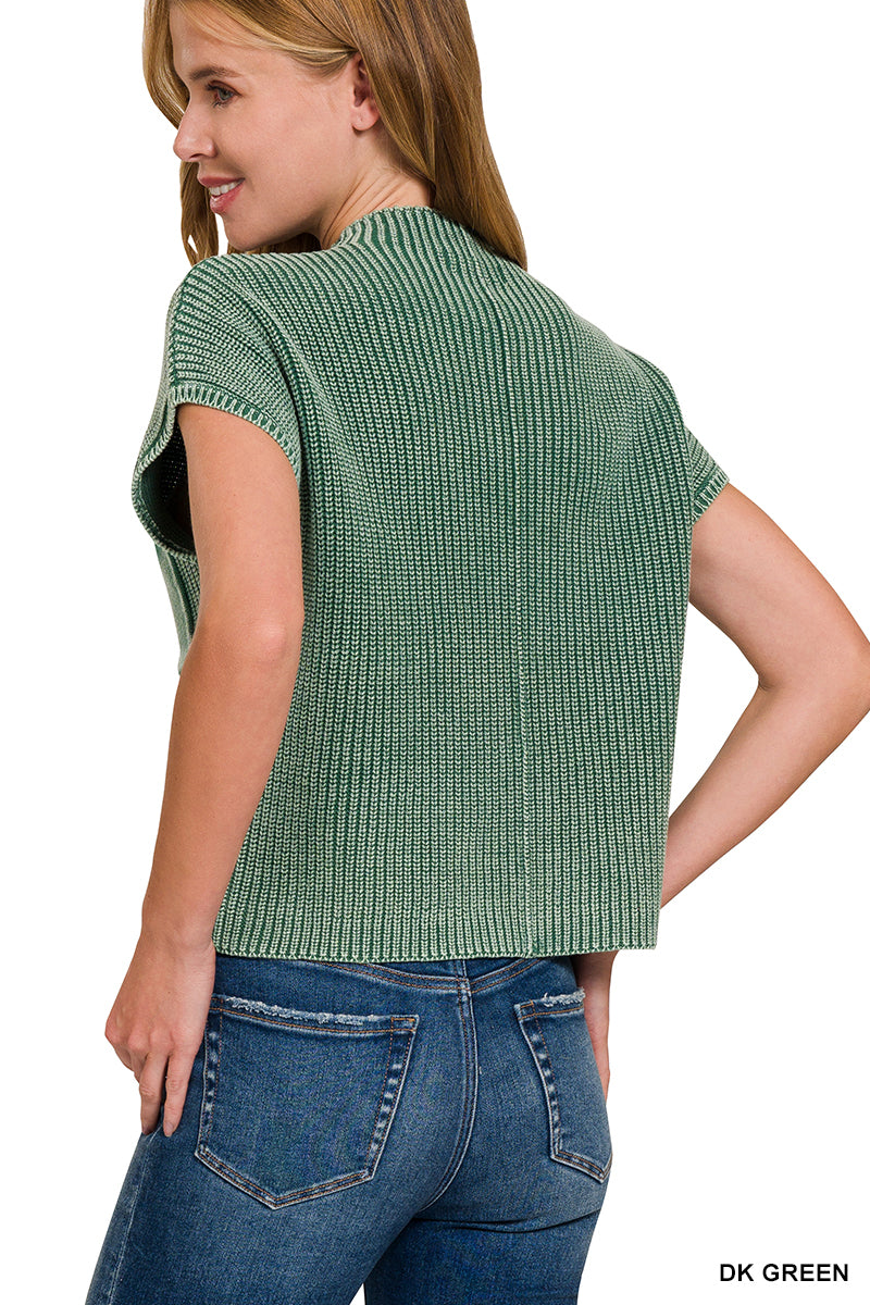 Dark Green Washed Mock Neck Short Sleeve Cropped Sweater