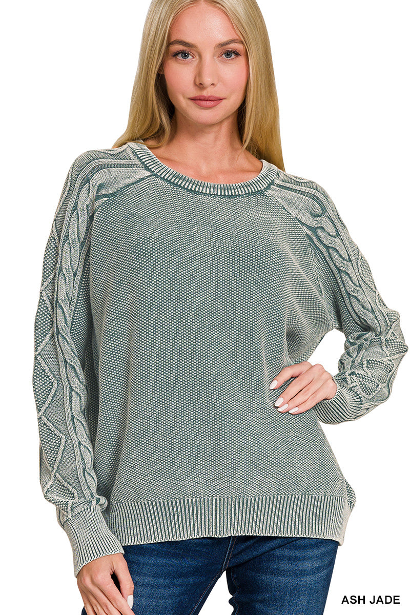 Ash Jade Stone Washed Cable-Sleeve Crewneck Sweater