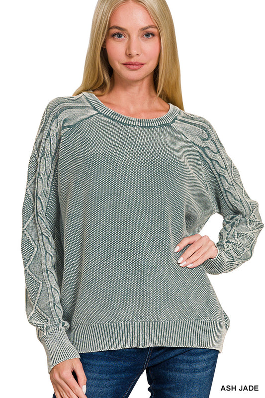 Ash Jade Stone Washed Cable-Sleeve Crewneck Sweater