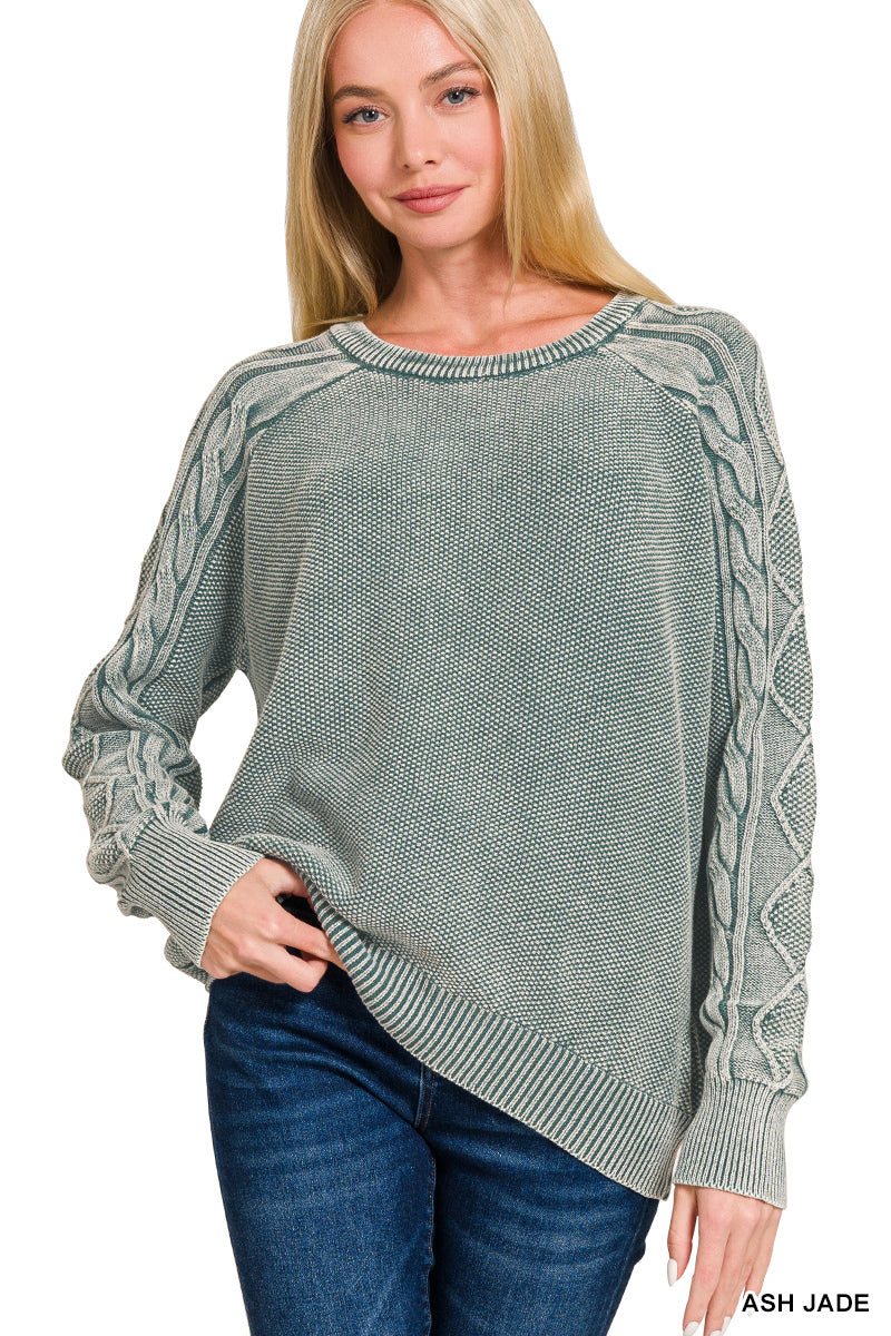 Ash Jade Stone Washed Cable-Sleeve Crewneck Sweater