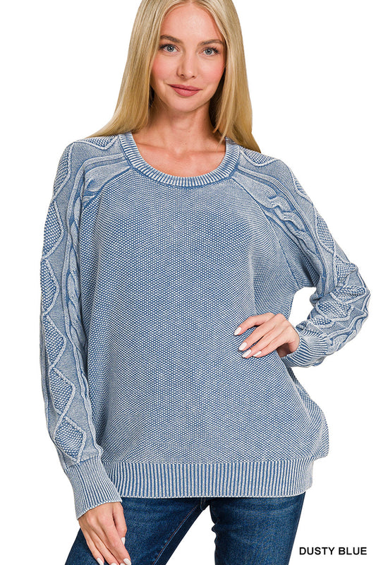 Dusty Blue Stone Washed Cable-Sleeve Crewneck Sweater